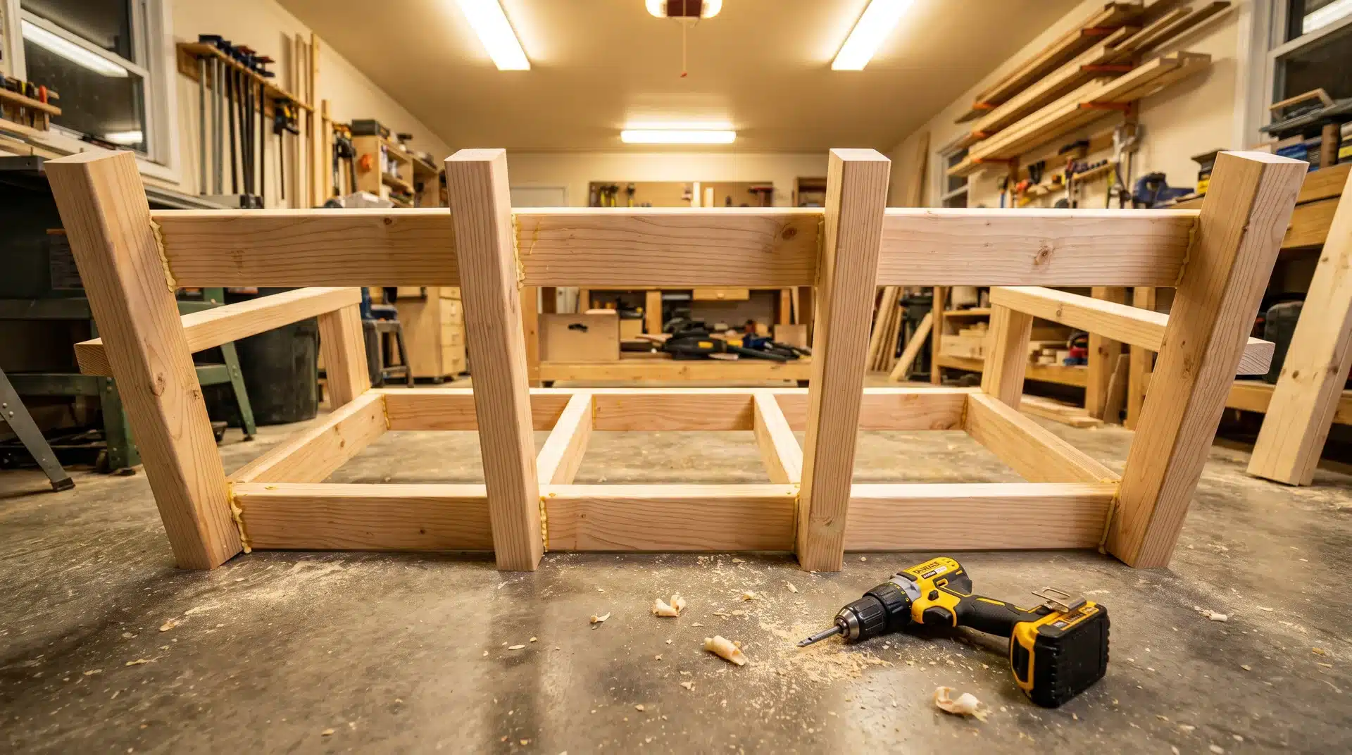 DIY porch swing seat frame with four 2x4 back support uprights attached showing natural outward lean from angled base cuts.