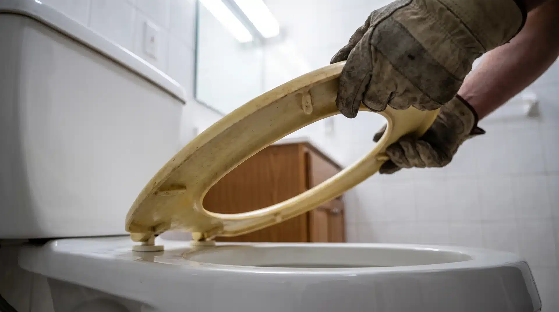 Gloved hands lifting an old yellowed toilet seat off a white porcelain toilet bowl in bright light.