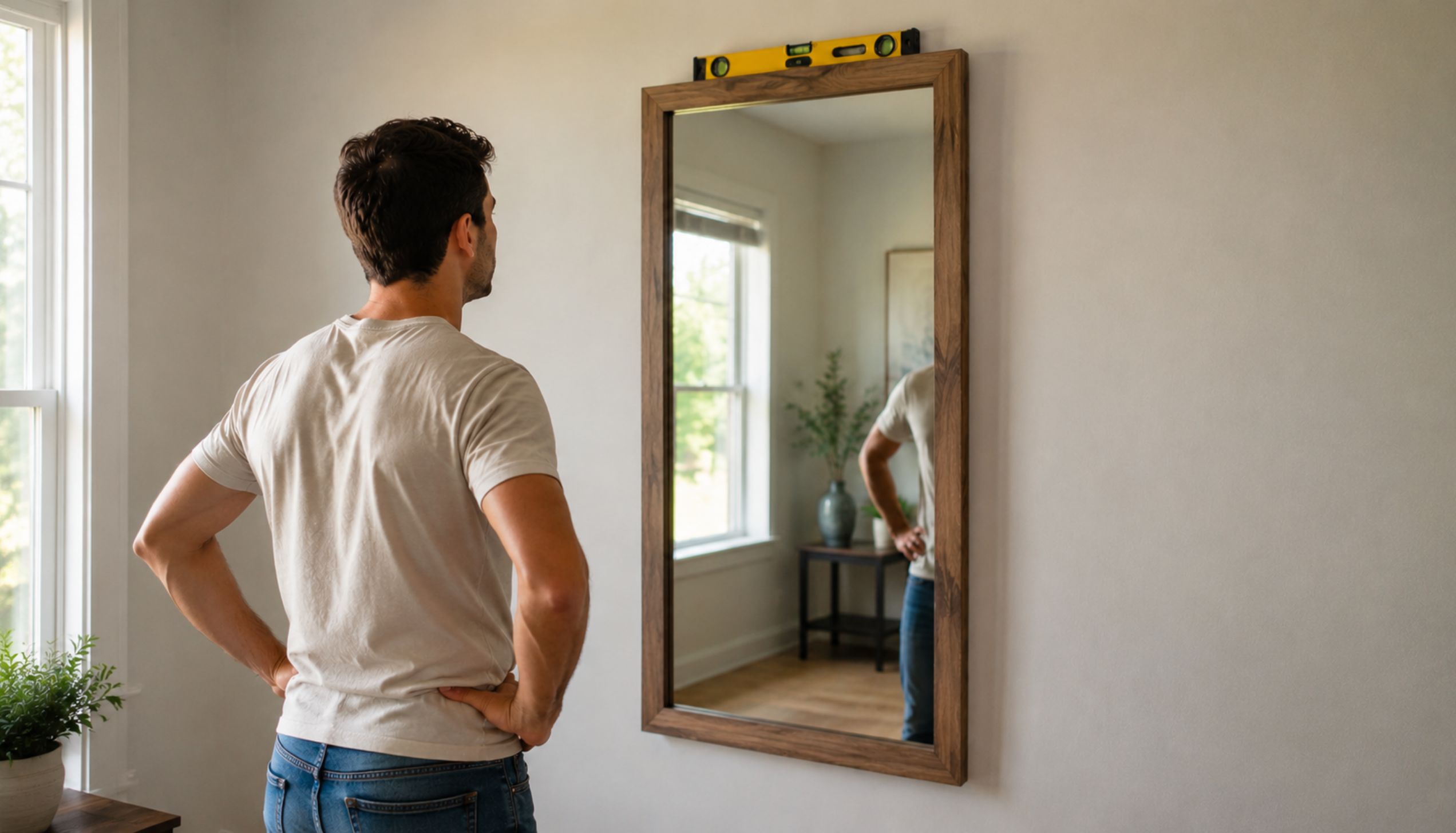 Person checking a vertically hung mirror on a neutral wall using a spirit level to ensure the mirror is level.