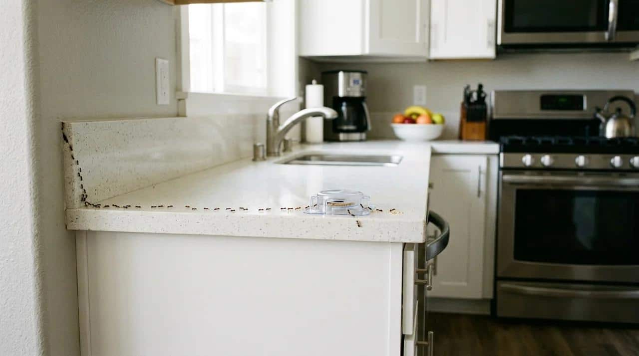 Sugar ants approaching a bait station near a kitchen cabinet corner.