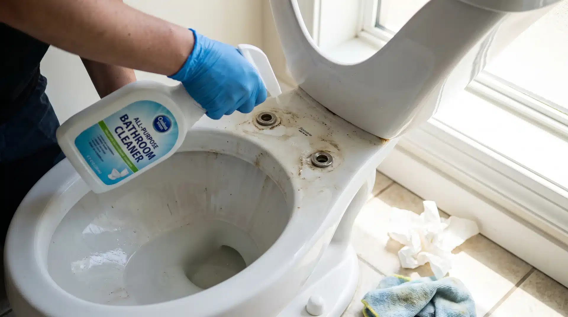Gloved hand spraying bathroom cleaner around toilet bowl bolt mounting holes with paper towels nearby.