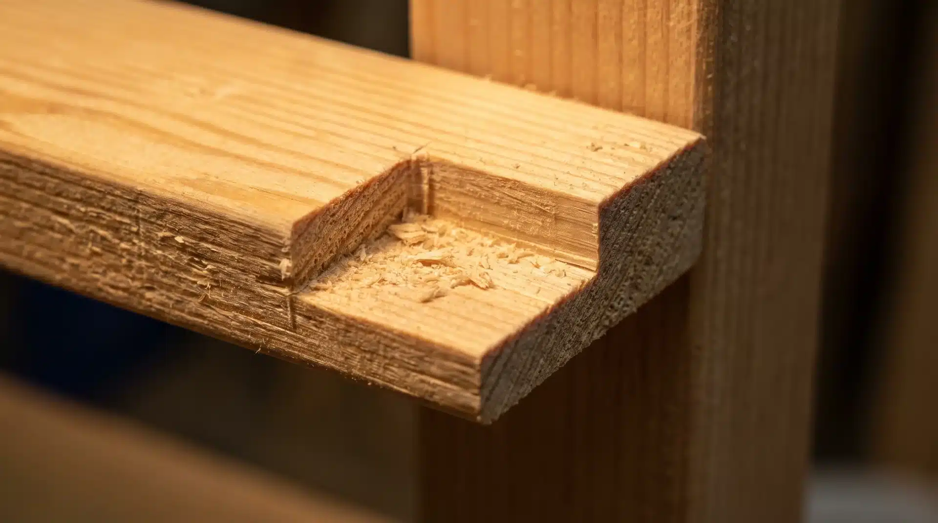 Close-up of rectangular notch cut in bottom corner of DIY porch swing back slat fitting over back support upright.