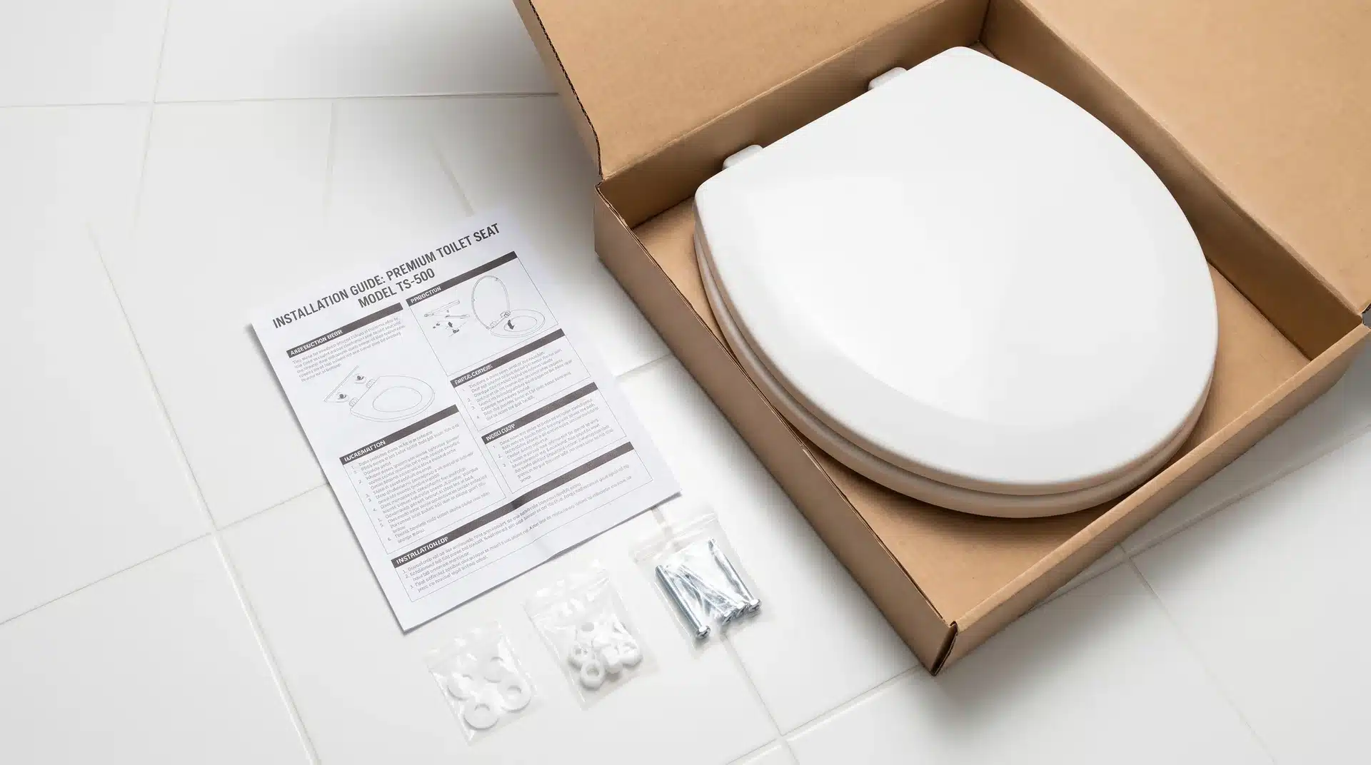 Open toilet seat box with manufacturer instructions laid flat beside hardware on bathroom floor.