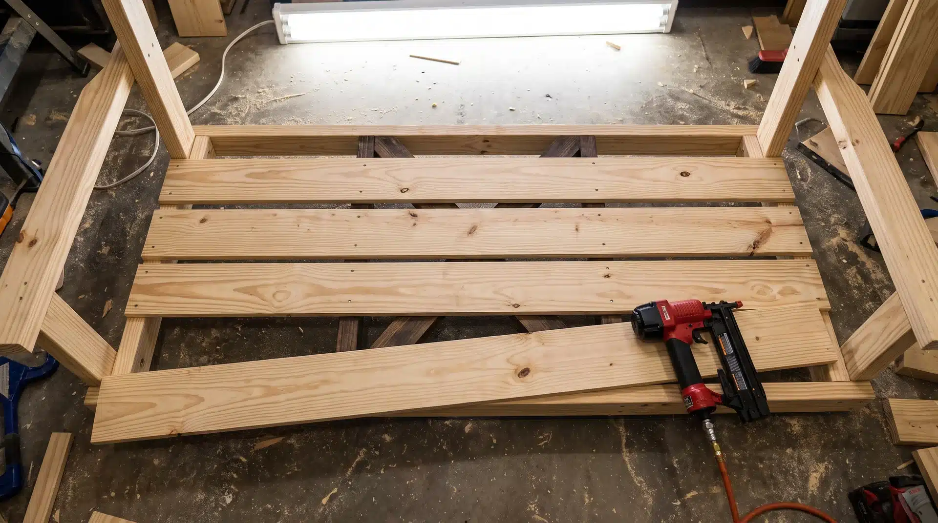 Four 1x4 seat slats attached to DIY porch swing frame with consistent half-inch gaps and fifth slat positioned ready to nail.
