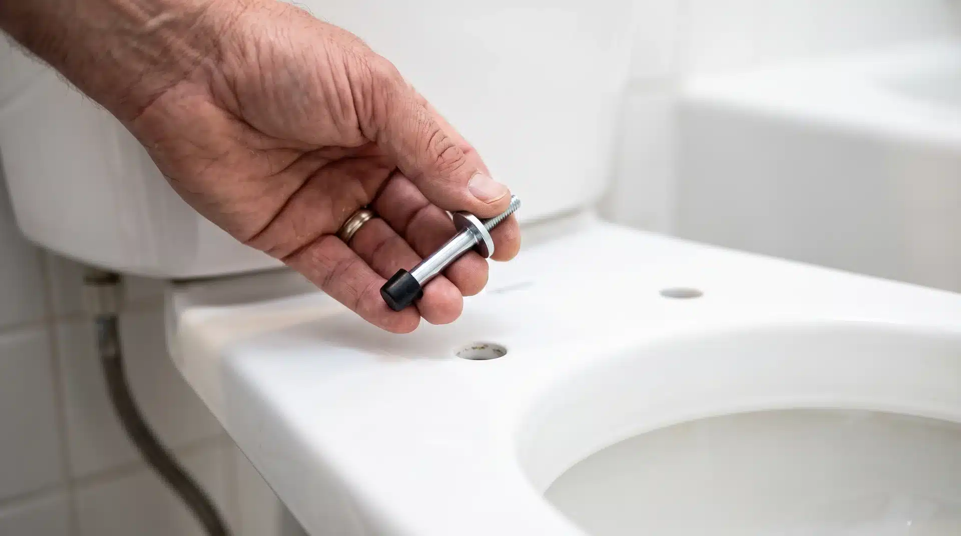 Hand holding a new toilet seat mounting anchor above the bolt holes on a white toilet bowl.