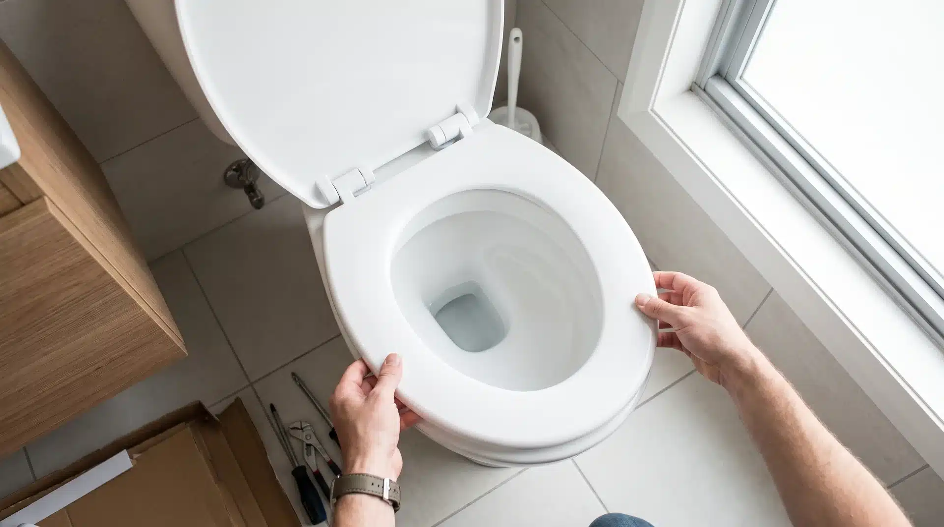 Hands checking the alignment of a new white toilet seat on a porcelain bowl before tightening.