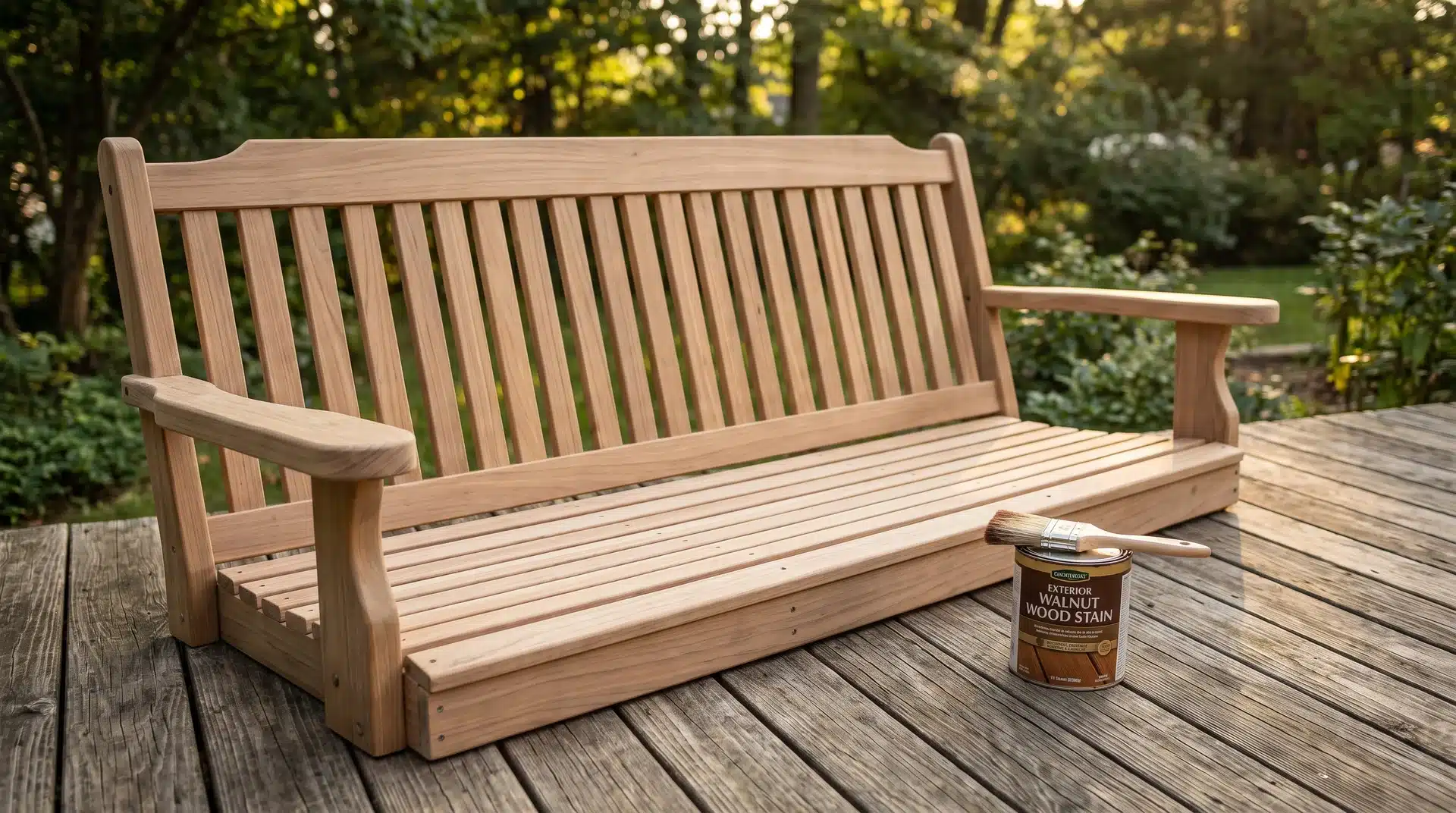 Fully assembled DIY porch swing with seat and back slats lying flat on timber deck beside open exterior stain can and brush.