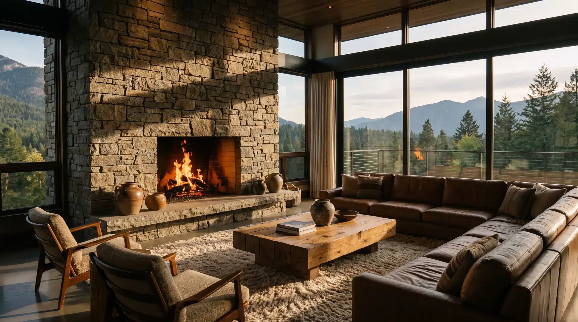 Stacked stone fireplace anchoring a cozy 1970s style living room.
