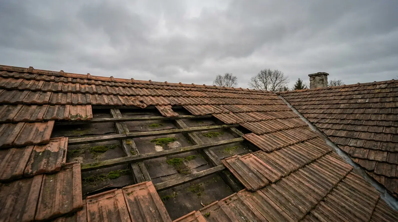 Damaged clay roof tiles with visible moss and wooden beams under cloudy sky