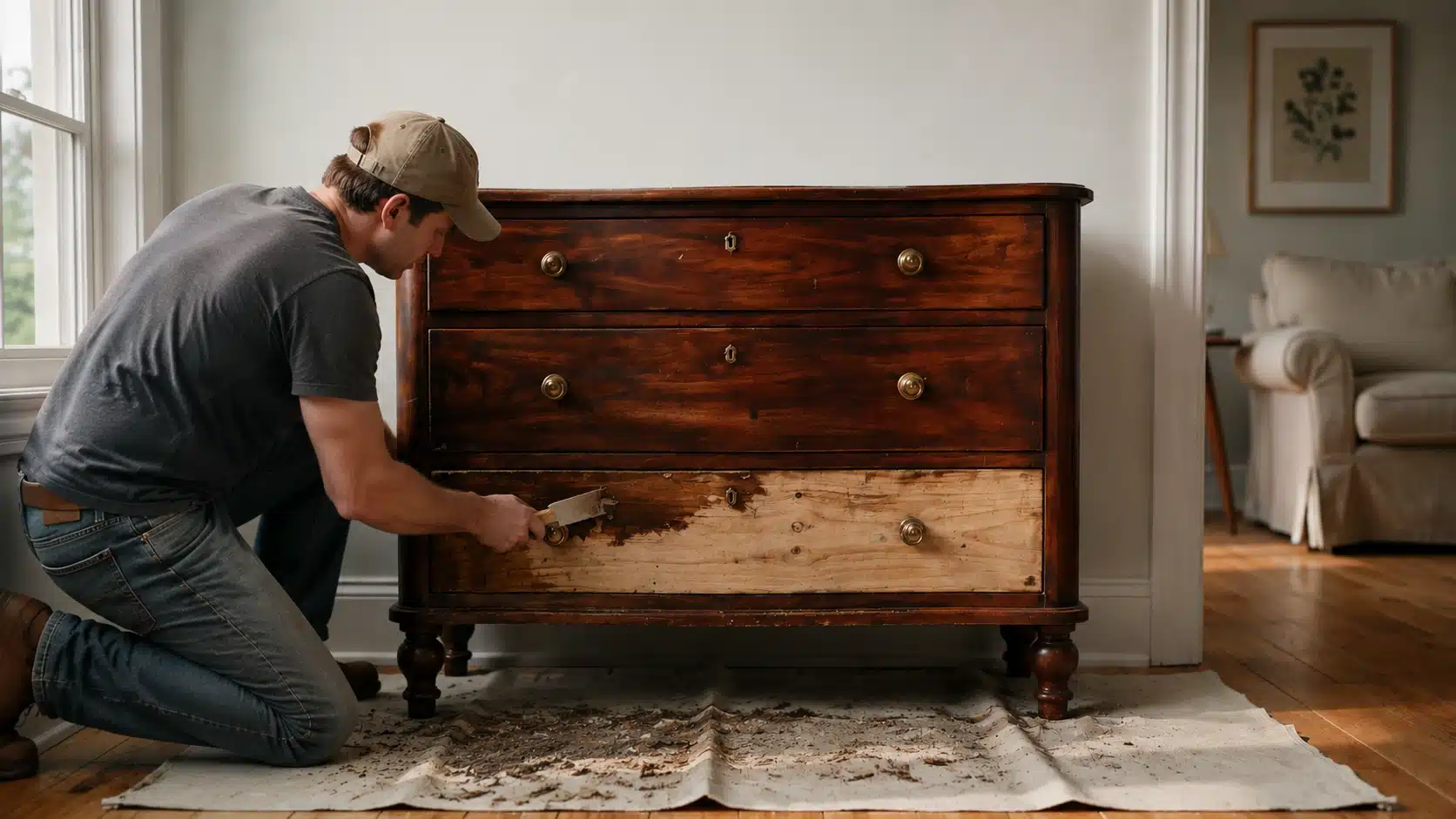 Man scraping old finish from a wooden dresser drawer during furniture refinishing, revealing raw wood underneath in a bright home interior.