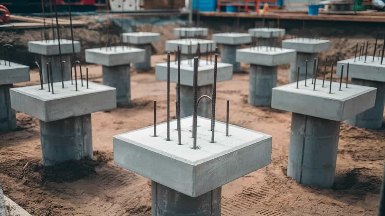Concrete foundation piers with exposed steel rebar arranged in rows on a dirt construction site.