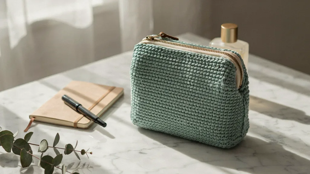 Structured crochet purse with lining, zipper, and clean edges on a desk.