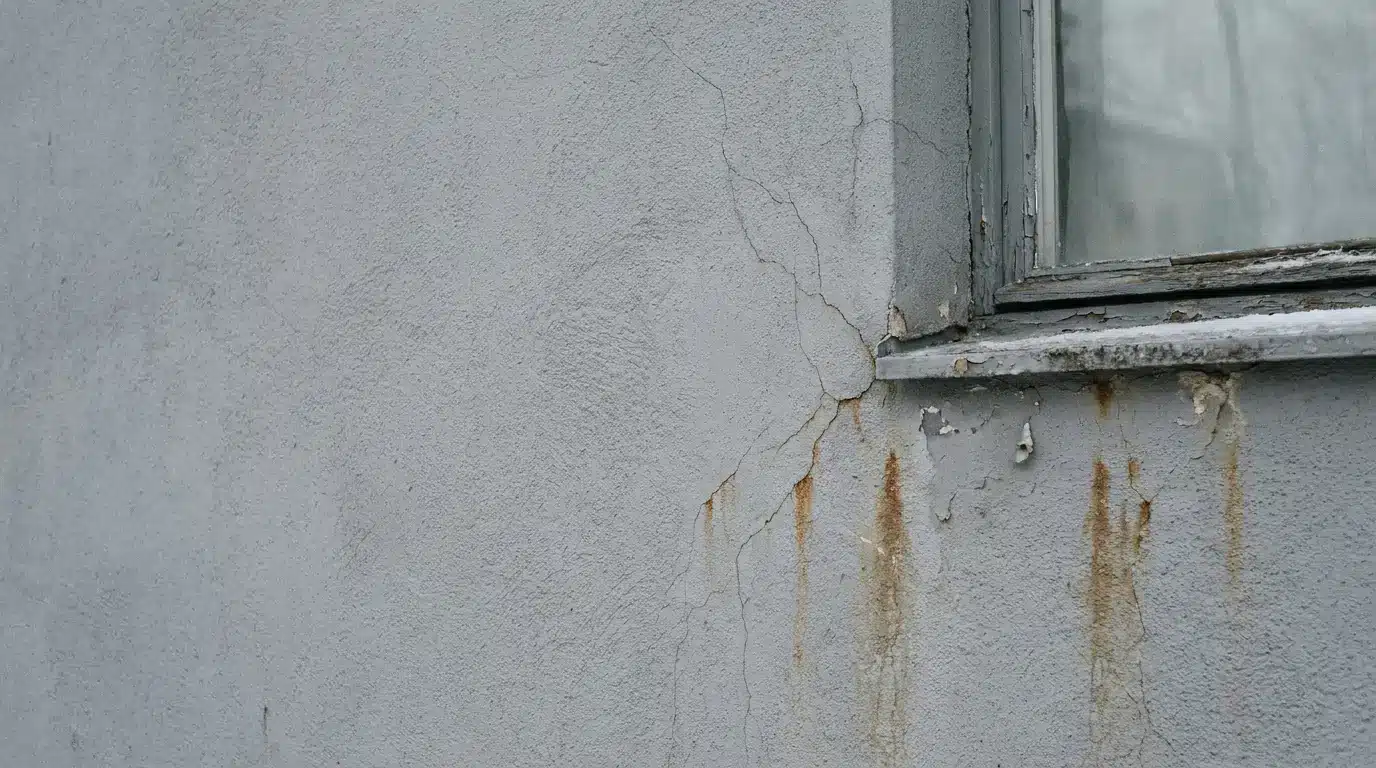 Weathered gray concrete wall with cracked paint and rust stains around window frame