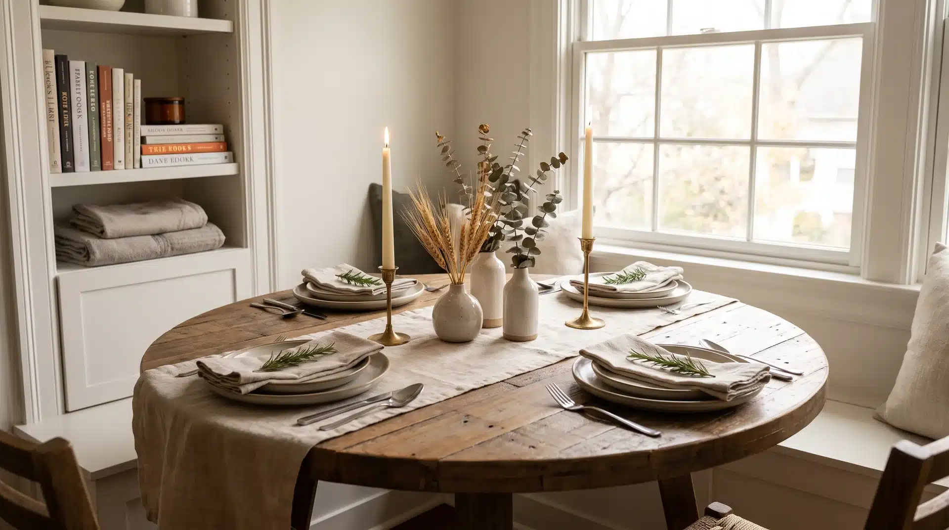 Small dining room with cozy modern Thanksgiving table decor.