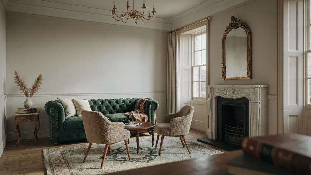 Modern Victorian living room with velvet sofa, ornate fireplace, and classic decor.