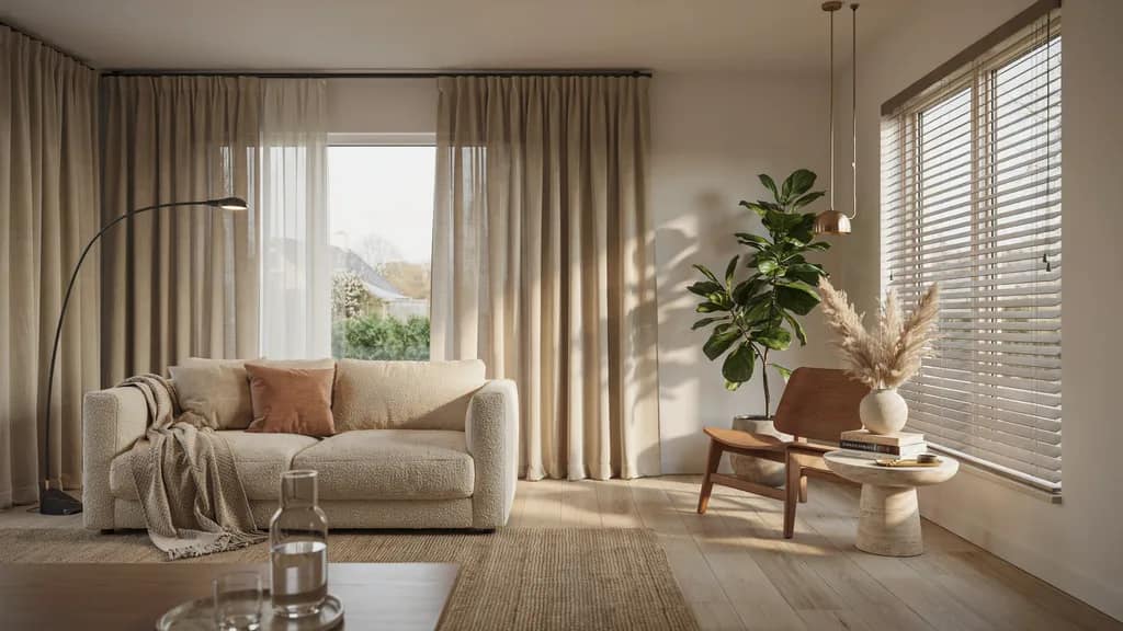 Interior design comparison of curtains adding warmth and blinds creating a modern look