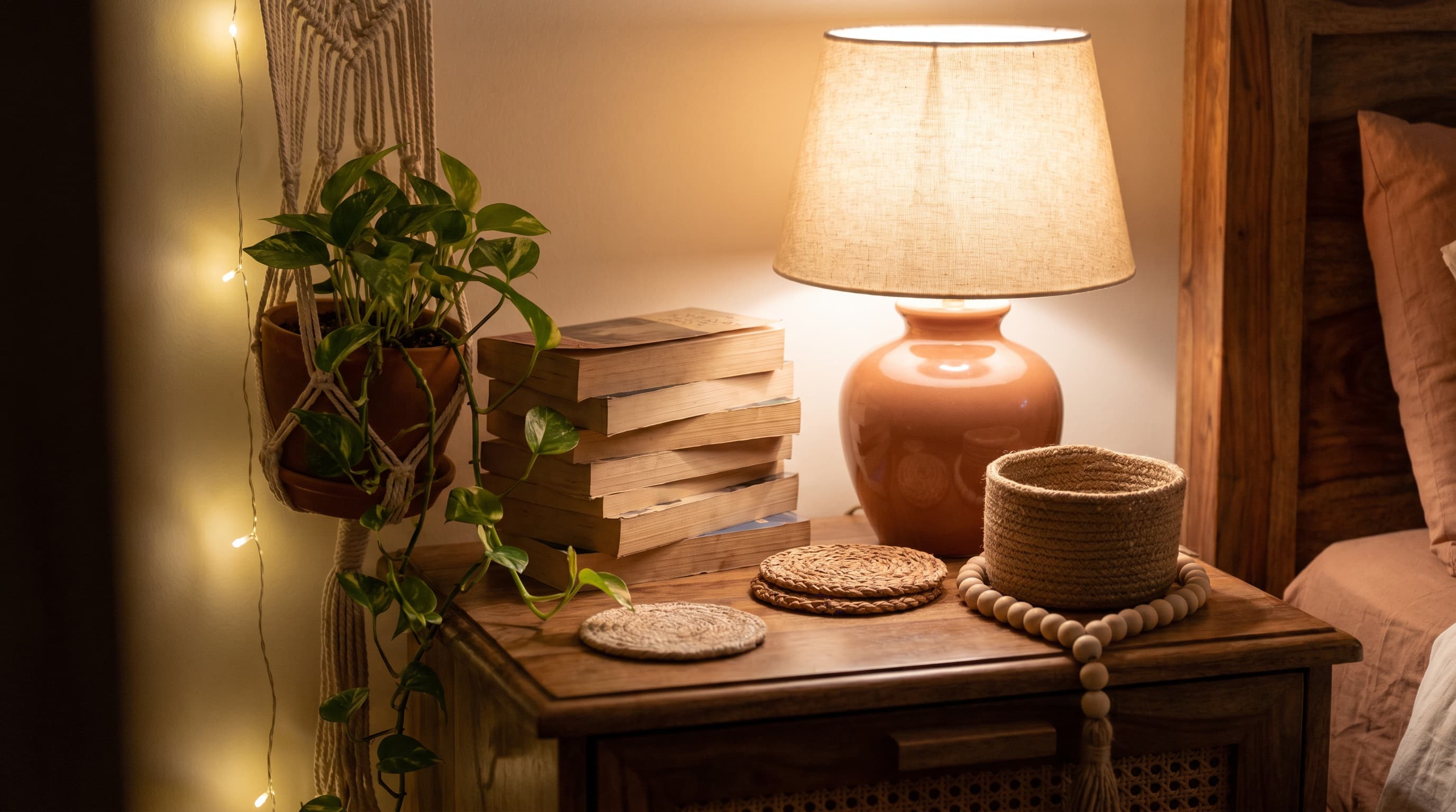 Bohemian interior design bedside corner styled with books, plants, warm lighting, and collected handcrafted accents.