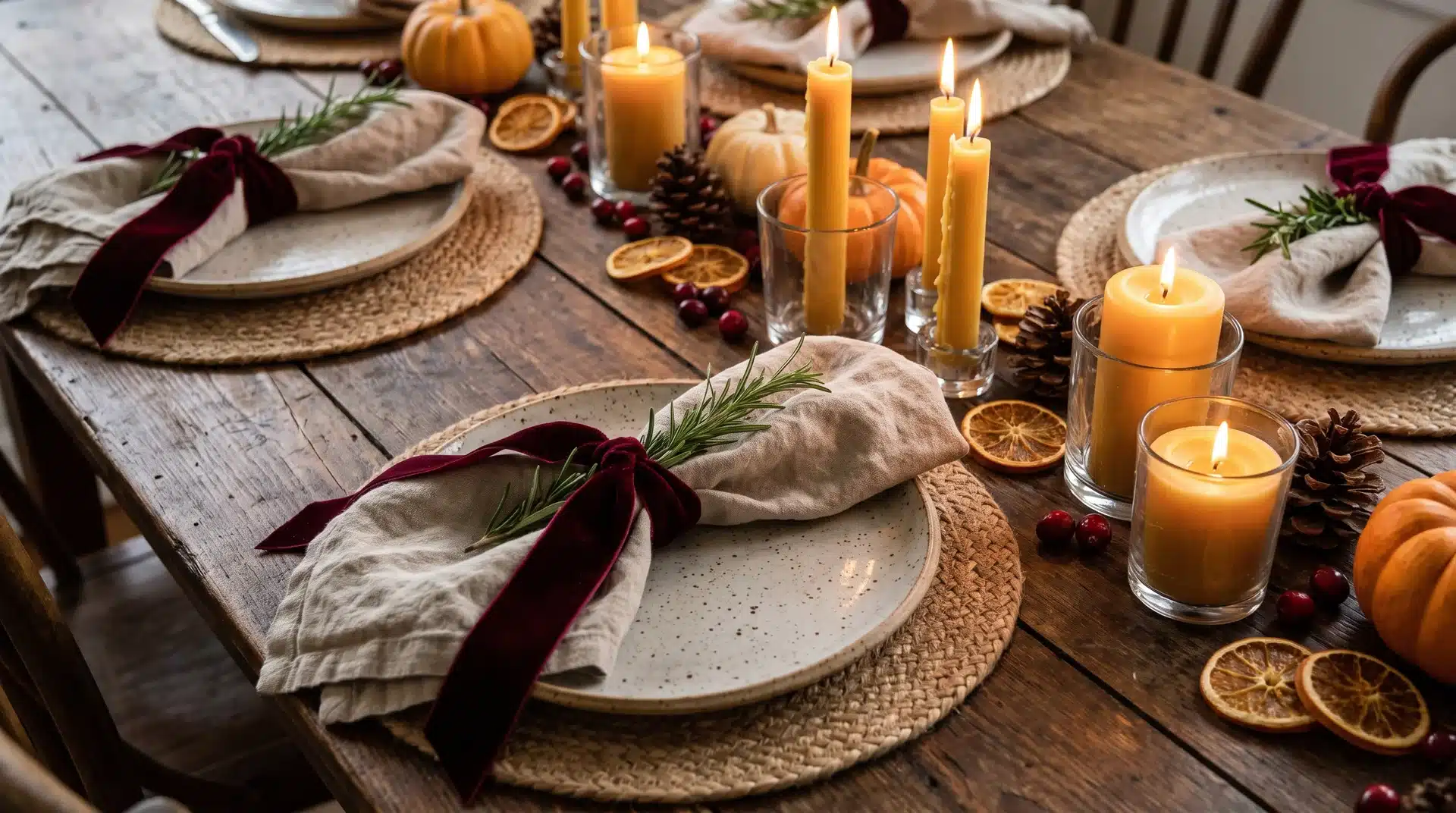 Thanksgiving napkin with velvet ribbon and rosemary detail.