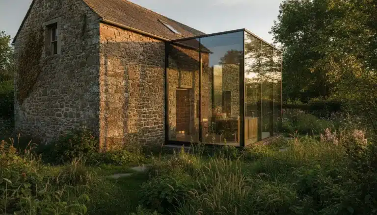 Stone cottage with modern glass extension surrounded by lush garden in golden evening light