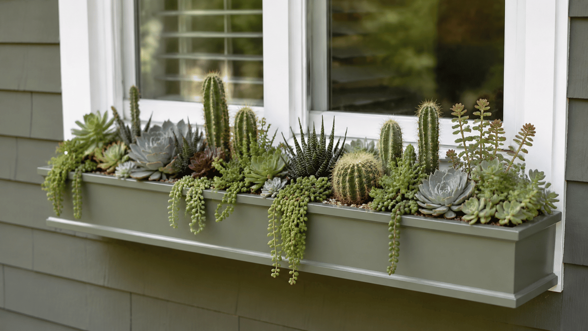 Window box filled with assorted succulents, trailing plants, and tall cacti beneath a house window.