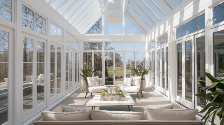 Bright luxury sunroom with a vaulted glass ceiling, white framing, cozy cushioned furniture, and potted plants.