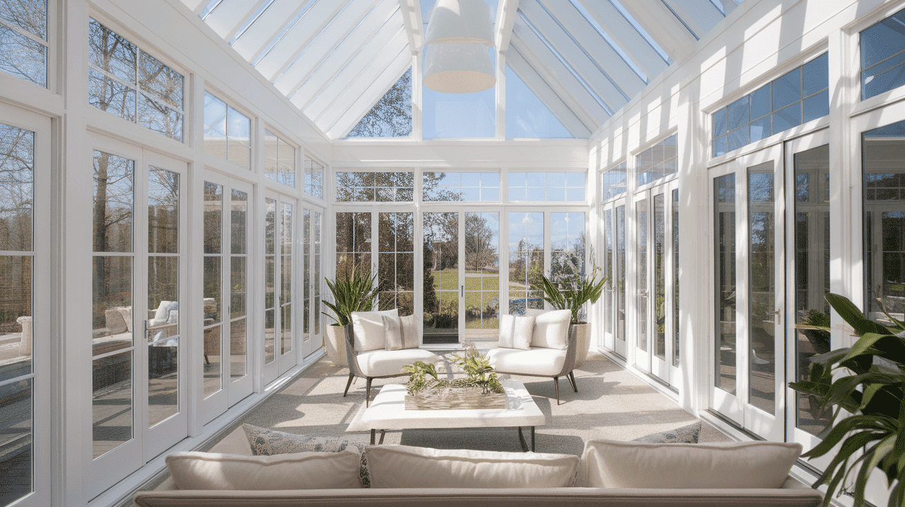 Bright luxury sunroom with a vaulted glass ceiling, white framing, cozy cushioned furniture, and potted plants.