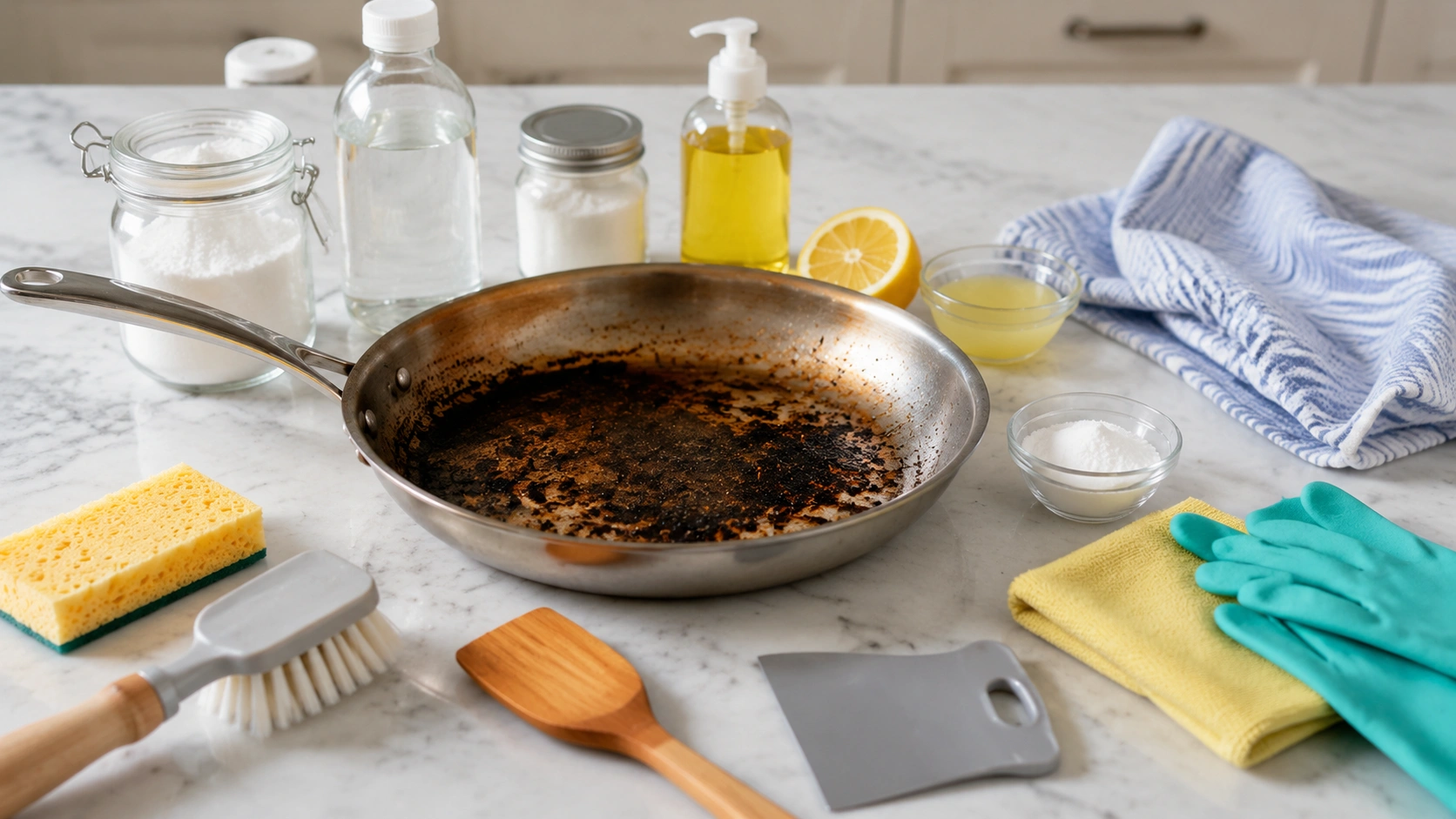 Cleaning supplies and tools arranged around a burnt pan, including baking soda, vinegar, sponge, brush, spatula, and gloves.