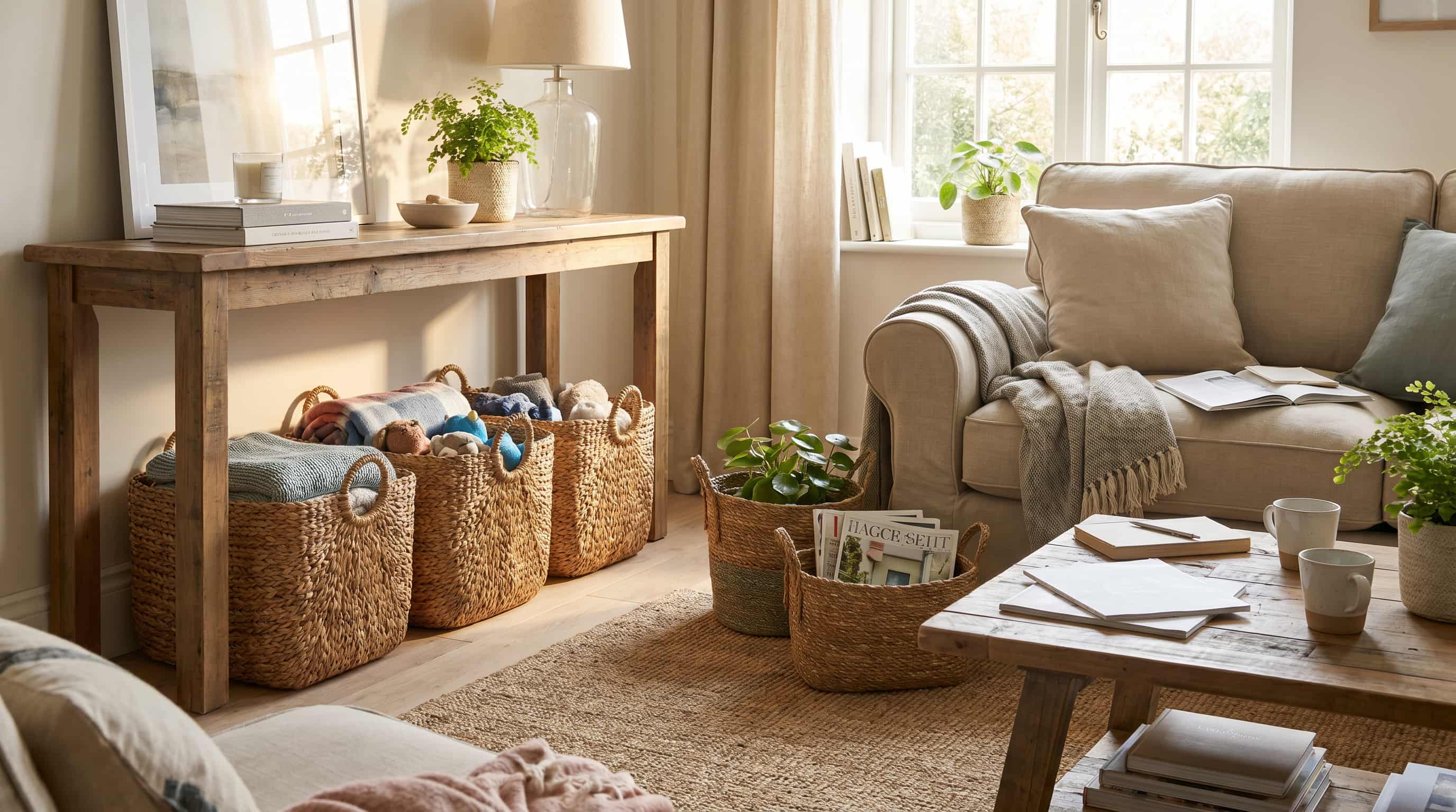 Bohemian interior design living room using woven baskets, rustic wood furniture, and practical natural storage solutions.