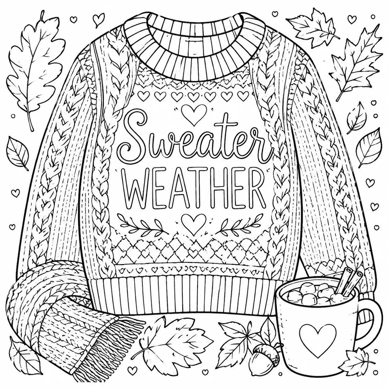 Sweater weather coloring page featuring a cozy knit sweater, autumn leaves, and fall-themed details for coloring