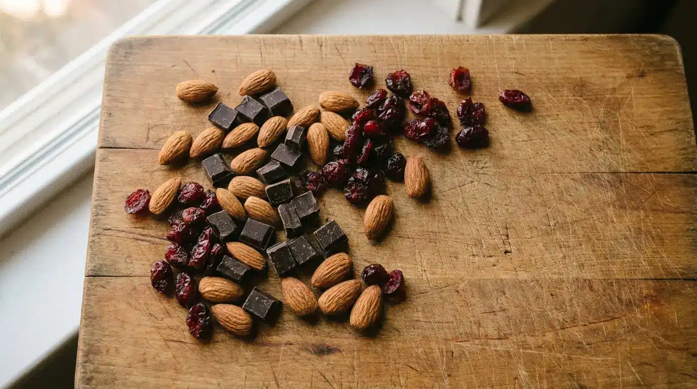 Almonds, dark chocolate, and dried cranberries on rustic wooden table in natural light