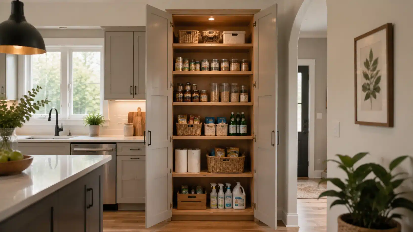 Tall kitchen pantry cabinet with shelves for jars, baskets, and supplies