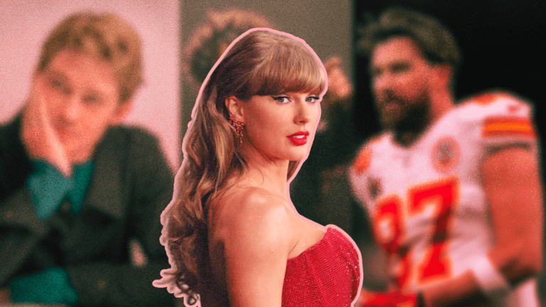 A timeline collage of Taylor Swift relationships showing key partners and eras from early romance to present engagement.