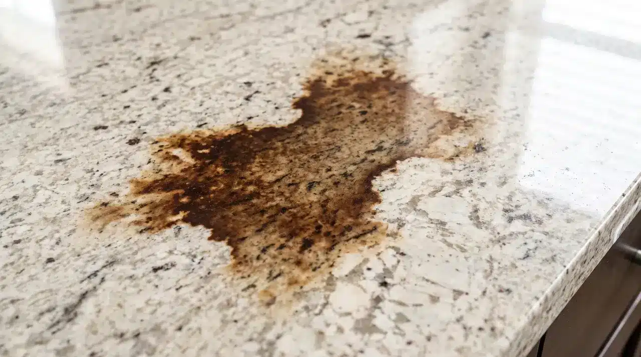 Coffee and wine granite countertop stain showing dark discoloration absorbed into a light stone surface.