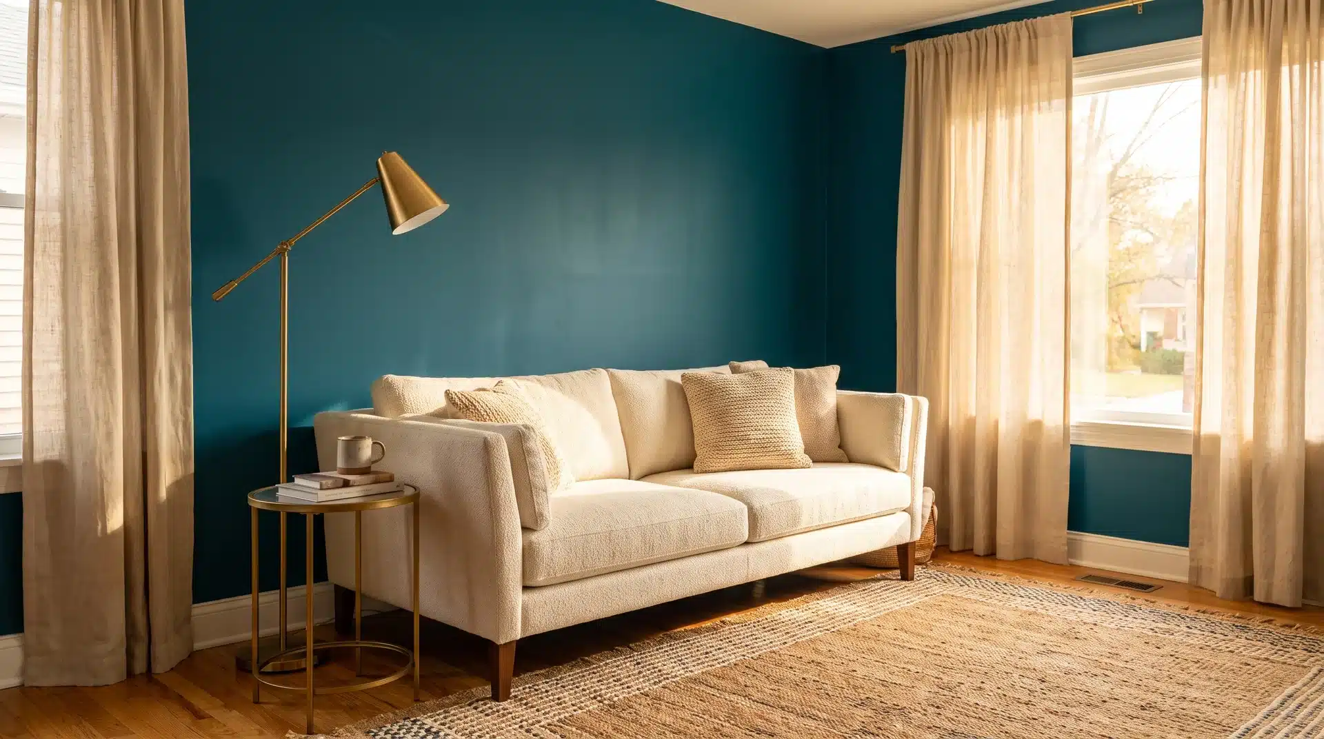 Full living room with Sherwin-Williams Oceanside teal feature wall cream sofa and brass lamp.