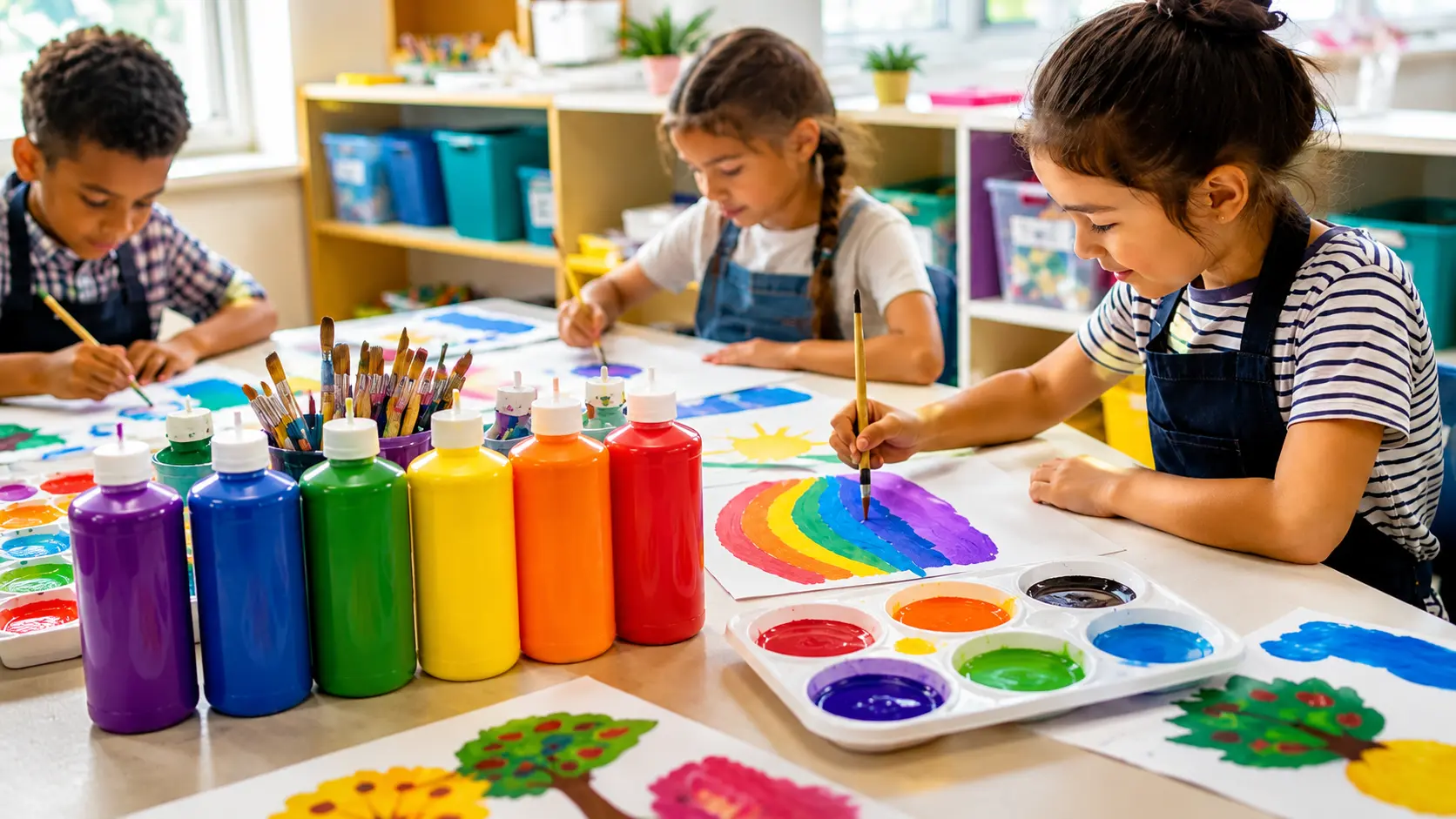 Children using tempera paint to create colorful artwork during a classroom art activity.