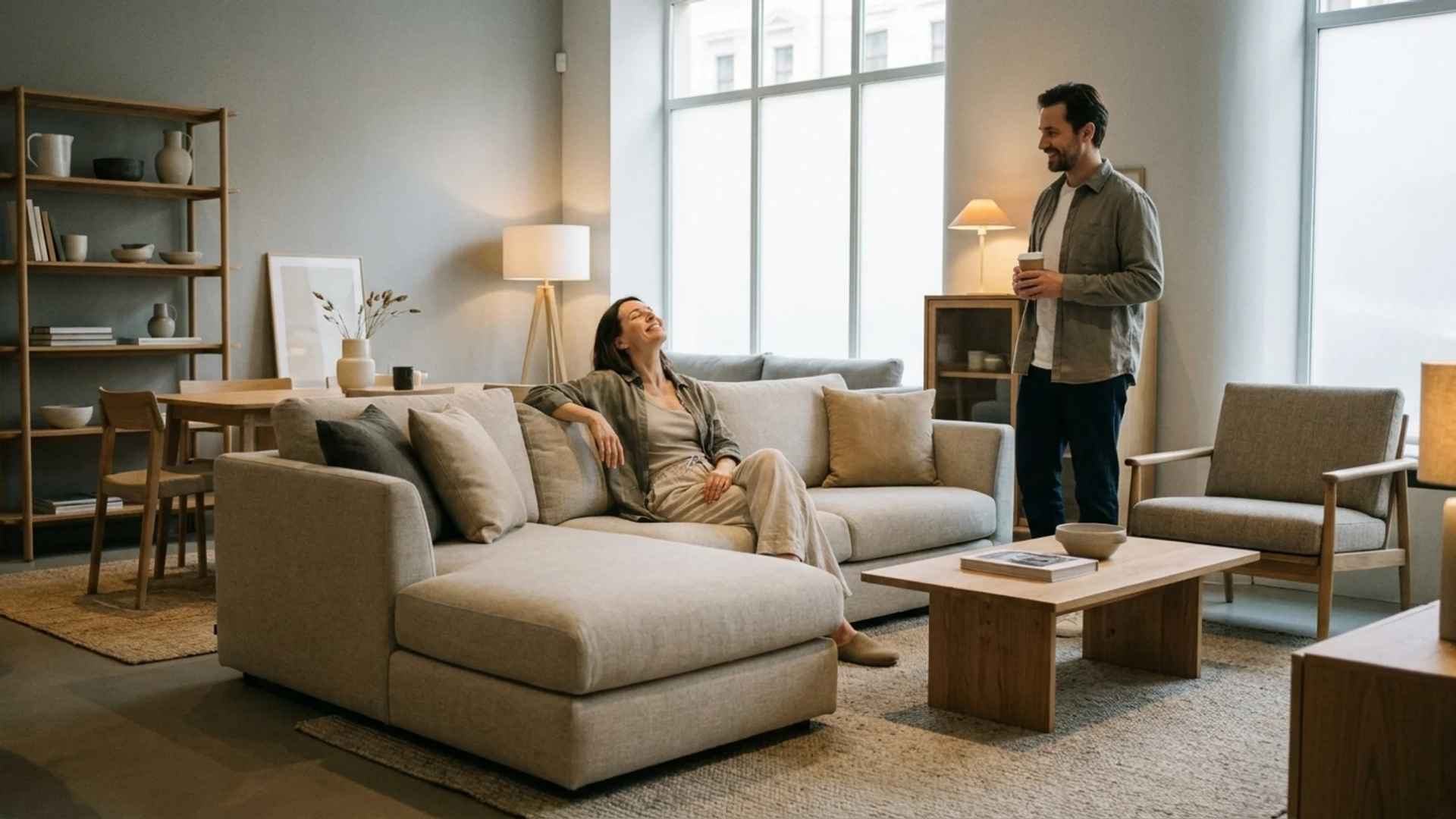Modern living room with a beige sofa, two red armchairs, and a TV mounted on a white brick fireplace wall.