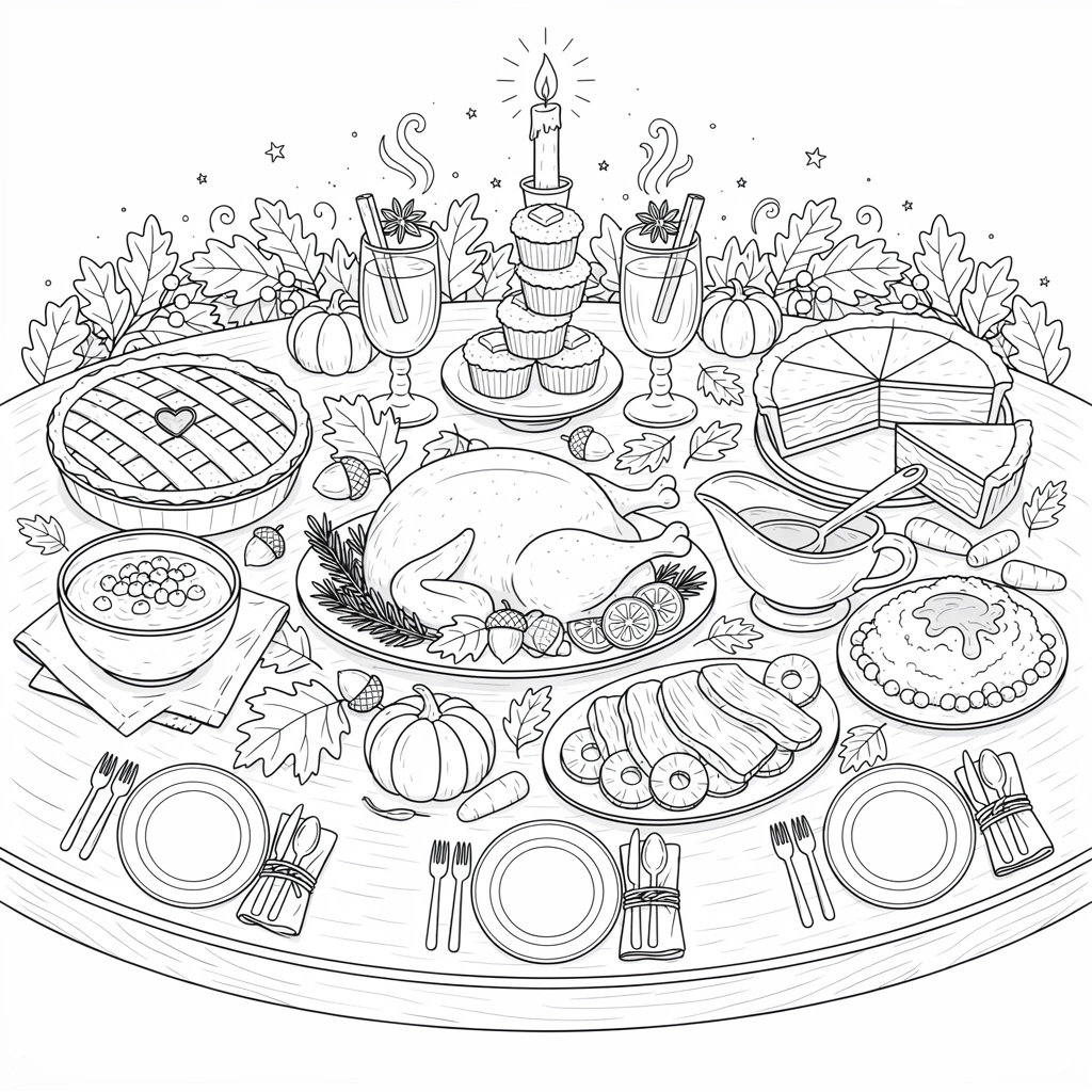 Thanksgiving dinner table coloring page featuring a festive meal scene with seasonal dishes, pies, and gathering traditions for kids to color