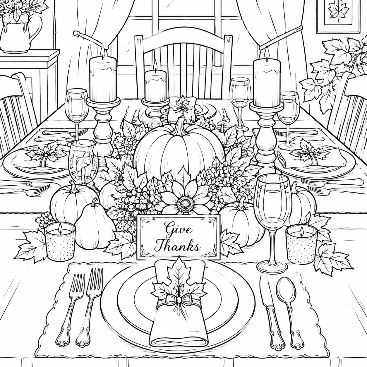 Thanksgiving table setting coloring page featuring a fully decorated table, plates, and centerpiece for a detailed holiday coloring project