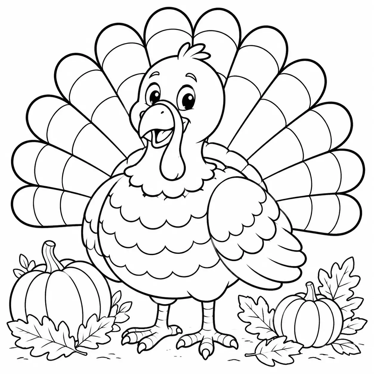Classic Thanksgiving turkey coloring page featuring a fanned tail, one of the most popular and recognizable holiday coloring page designs