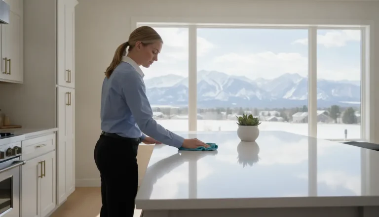 Woman cleaning kitchen countertop with cloth near large window showing mountain view