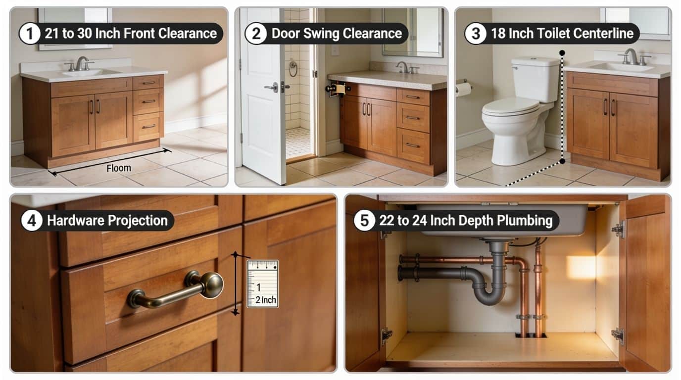 Bathroom vanity clearance guide collage showing front clearance, door swing, toilet distance, hardware projection, and plumbing depth.