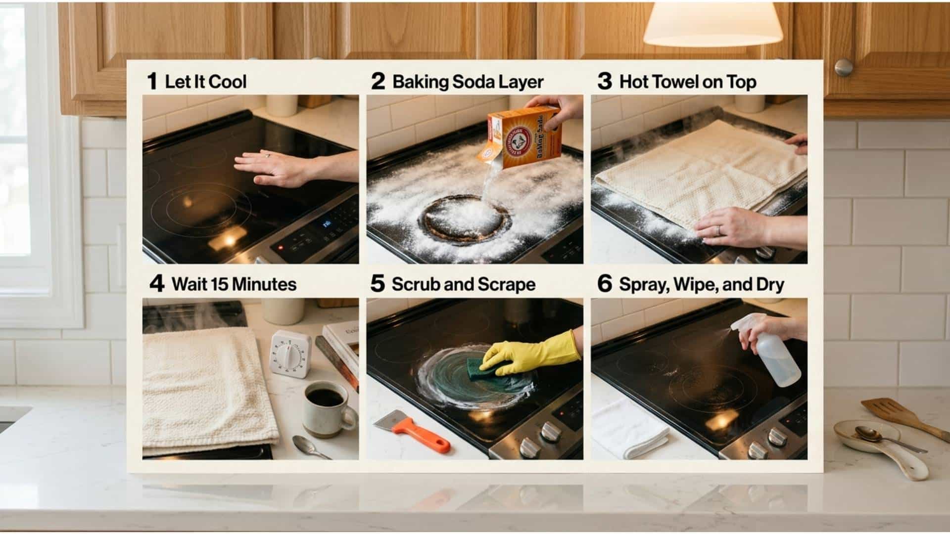 A six-panel collage showing the complete glass stovetop deep cleaning process including testing the surface temperature, applying baking soda, laying a steaming hot towel over it, waiting with a timer set to 15 minutes, scrubbing and scraping the loosened residue, and finishing with a vinegar spray and microfiber cloth wipe to a clean shine.