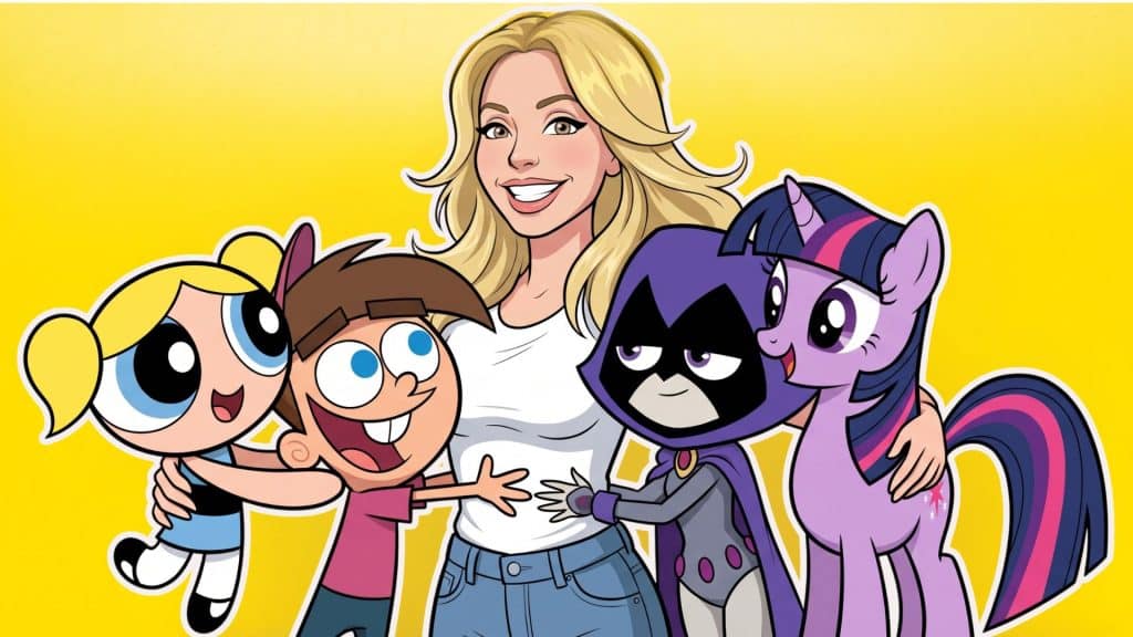 Tara Strong surrounded by animated characters from her famous roles.