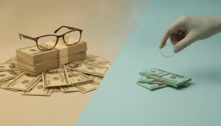 Glasses on large stack of US dollar bills juxtaposed with hand holding coin above smaller stack
