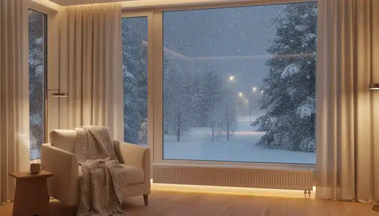 Cozy armchair with blanket in warmly lit room overlooking snowy night scene