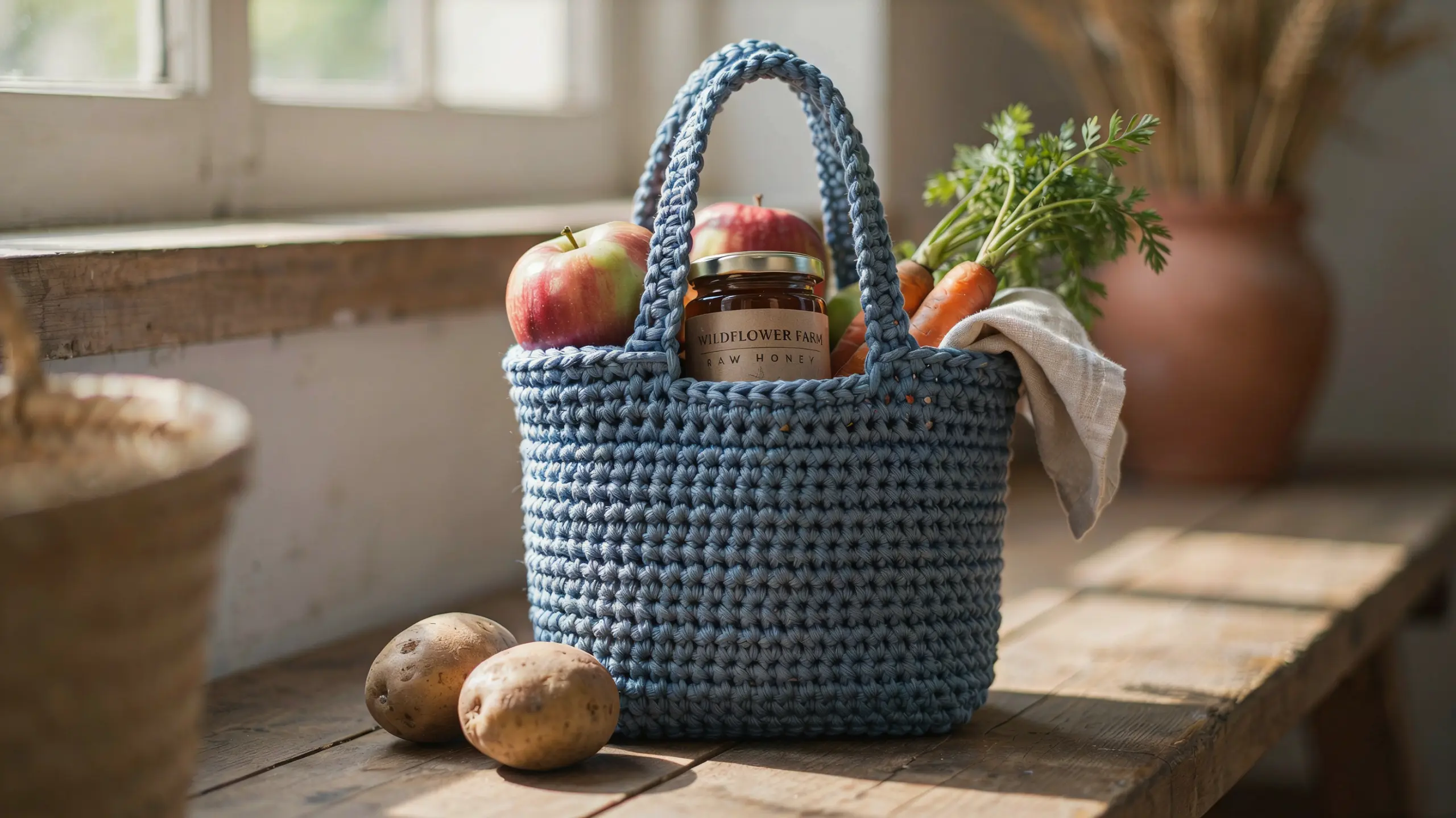 Firm crochet market tote filled with heavy groceries on a wooden table.