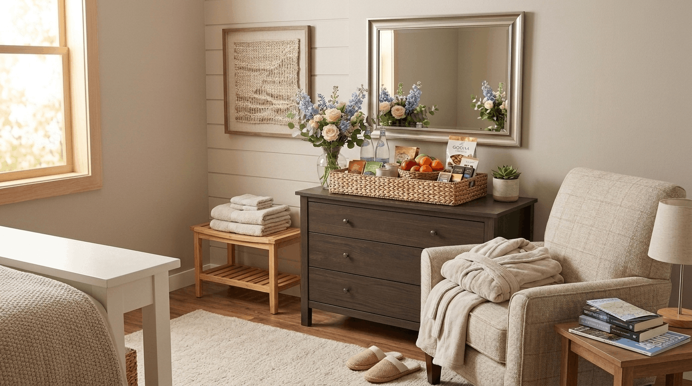 Guest room with welcome basket, books, flowers, robe, and thoughtful comfort extras