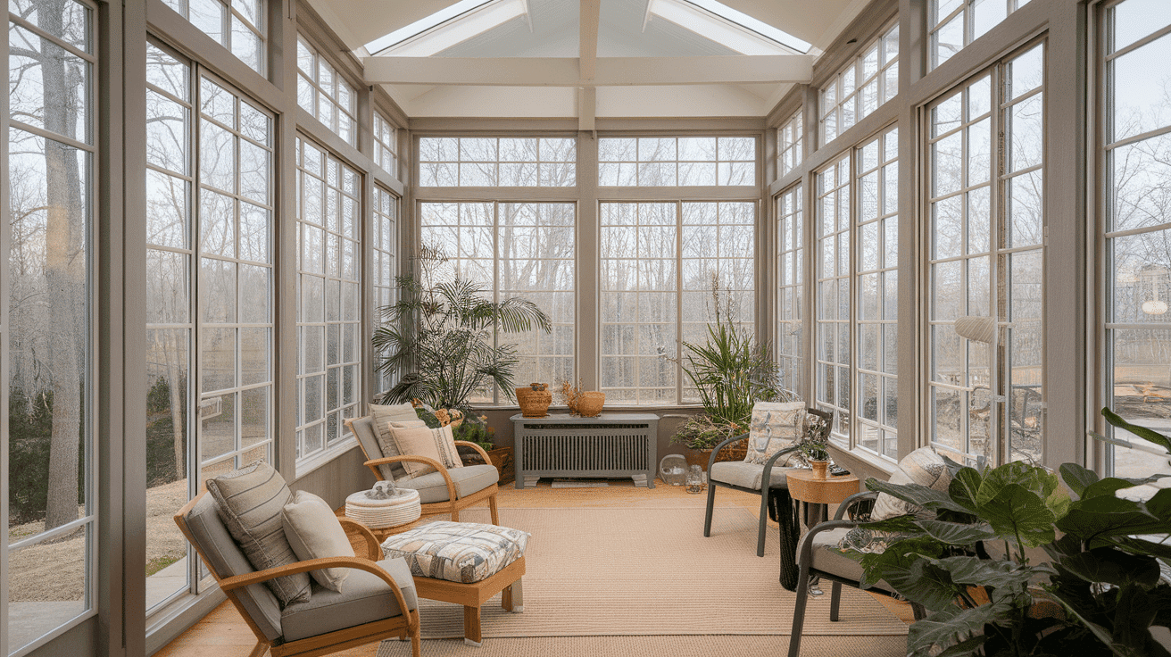 Bright sunroom with floor-to-ceiling windows, wicker armchairs, and indoor plants under a vaulted ceiling.
