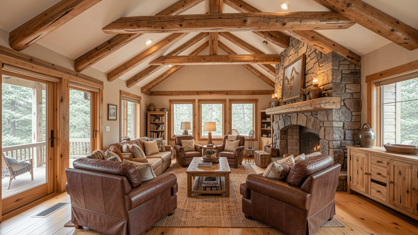 Rustic living room with exposed timber beams, stone fireplace, and wood furniture under cathedral ceiling