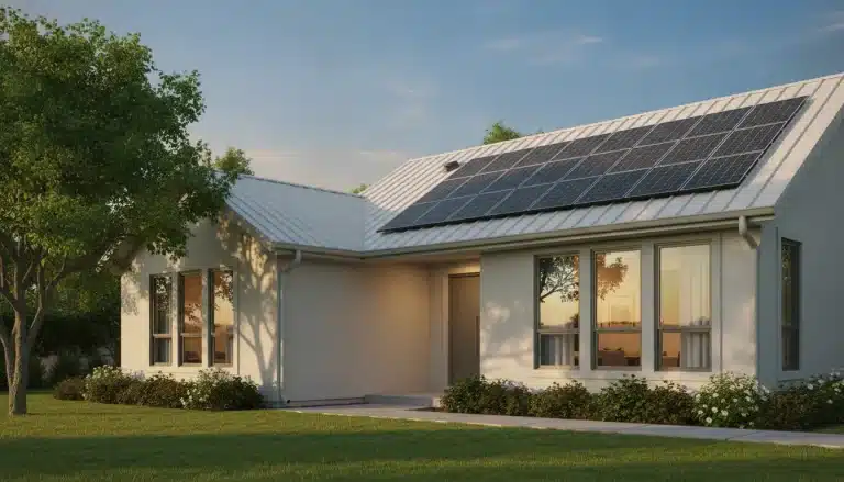 Modern house with solar panels on roof surrounded by greenery under clear sky